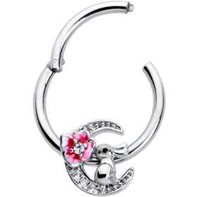16G 3/8 Clear CZ Gem Rabbit On The Moon Pink Hinged Segment Ring
