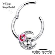 16G 3/8 Clear CZ Gem Rabbit On The Moon Pink Hinged Segment Ring