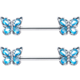 14G 9/16 Blue Gem Baroque Beauty Butterfly Barbell Nipple Ring Set