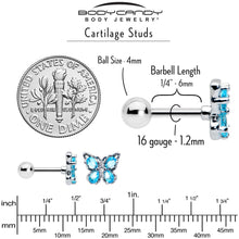 16G 1/4 Blue Gem Baroque Beauty Butterfly Cartilage Tragus Earring