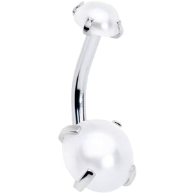 Opaque White Faux Pearl June Birthstone Double Mount Belly Ring