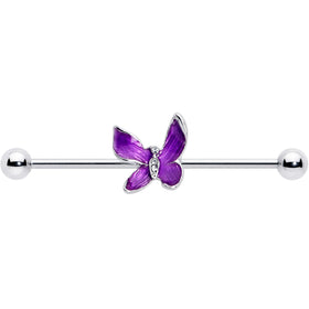 14G Clear Gem Chunky Butterfly Purple Industrial Barbell 38mm