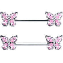 14G 9/16 Pink Gem Baroque Beauty Butterfly Barbell Nipple Ring Set