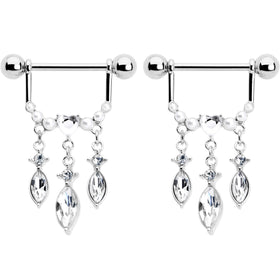14G 9/16 Clear Gem Heart Triple Drop Dangle Nipple Ring Set