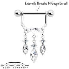 14G 9/16 Clear Gem Heart Triple Drop Dangle Nipple Ring Set
