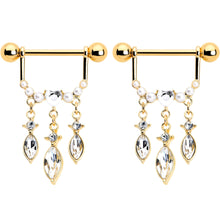 14G 9/16 Clear Gem Gold Tone Heart Triple Dangle Nipple Ring Set