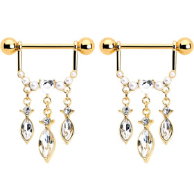 14G 9/16 Clear Gem Gold Tone Heart Triple Dangle Nipple Ring Set