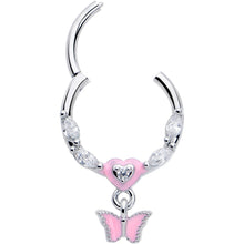 16G 3/8 Clear CZ Gem Luv Butterfly Pink Dangle Hinged Segment Ring