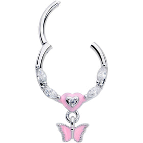 16G 3/8 Clear CZ Gem Luv Butterfly Pink Dangle Hinged Segment Ring
