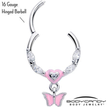 16G 3/8 Clear CZ Gem Luv Butterfly Pink Dangle Hinged Segment Ring