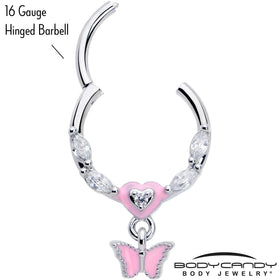 16G 3/8 Clear CZ Gem Luv Butterfly Pink Dangle Hinged Segment Ring