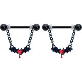 14G 9/16 Red Gem Black Bleeding Heart Bat Dangle Nipple Ring Set