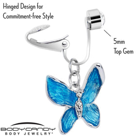 Clear Gem Chunky Butterfly Blue Clip On Fake Belly Ring