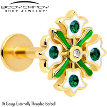 16G 1/4 Green Gem Gold Tone Flower Wreath Flatback Stud
