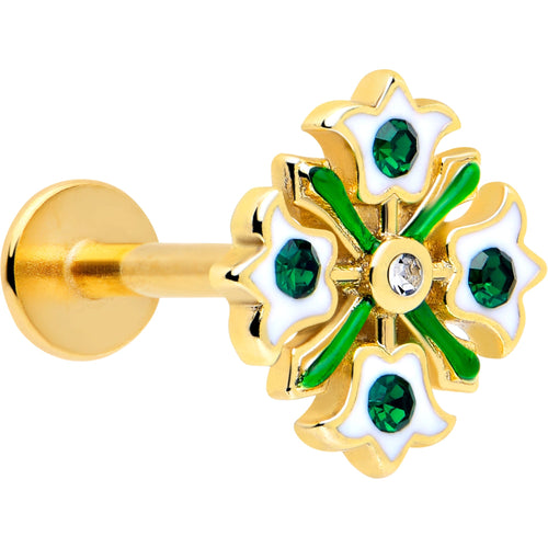16G 5/16 Green CZ Gem Gold Tone Flower Wreath Flatback Stud
