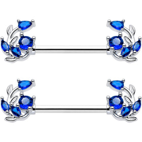 14G 9/16 Blue Gem Twining Vine Barbell Nipple Ring Set