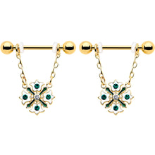14G 9/16 Green Gem Gold Tone Flower Wreath Dangle Nipple Ring Set