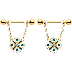 14G 9/16 Green Gem Gold Tone Flower Wreath Dangle Nipple Ring Set