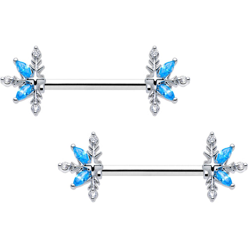 14G 9/16 Blue CZ Gem Classic Flower Barbell Nipple Ring Set