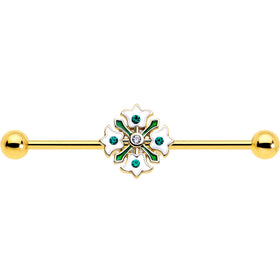 14G Green Gem Gold Tone Flower Wreath Industrial Barbell 38mm