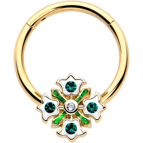 16G 3/8 Green Gem Gold Tone Flower Wreath Hinged Segment Ring
