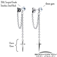 Clear Gem Chain Dangle Cross Stud Earrings