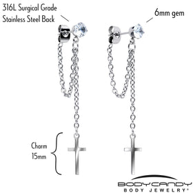 Clear Gem Chain Dangle Cross Stud Earrings
