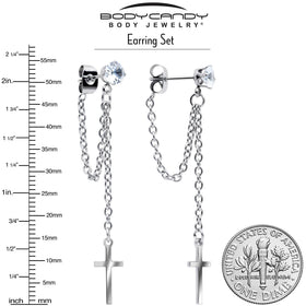 Clear Gem Chain Dangle Cross Stud Earrings