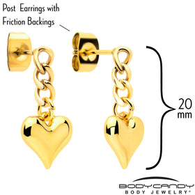 Gold Tone Chain Dangle Heart Stud Earrings