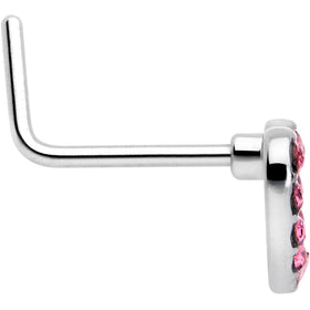 20G 7mm Pink Gem Hollow Paved Heart L Shape Nose Ring