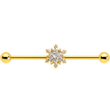 14G Clear CZ Gem Gold Tone Glam Snowflake Industrial Barbell 38mm