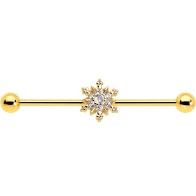14G Clear CZ Gem Gold Tone Glam Snowflake Industrial Barbell 38mm