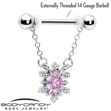 14G 9/16 Pink CZ Gem Glam Snowflake Chain Dangle Nipple Ring Set