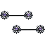 14G 9/16 Purple CZ Gem Black Flower Ring Barbell Nipple Ring Set