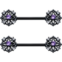 14G 9/16 Purple CZ Gem Black Flower Ring Barbell Nipple Ring Set