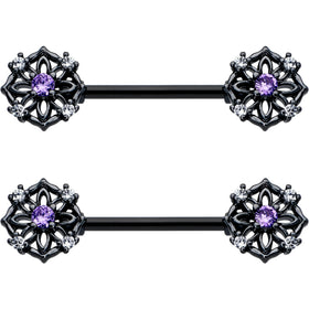 14G 9/16 Purple CZ Gem Black Flower Ring Barbell Nipple Ring Set