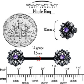 14G 9/16 Purple CZ Gem Black Flower Ring Barbell Nipple Ring Set