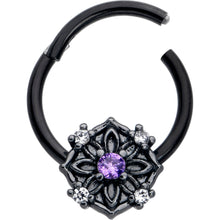 16G 3/8 Purple CZ Gem Black Flower Ring Hinged Segment Ring