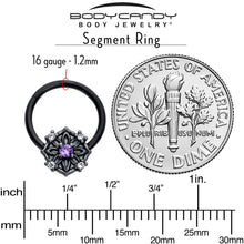 16G 3/8 Purple CZ Gem Black Flower Ring Hinged Segment Ring