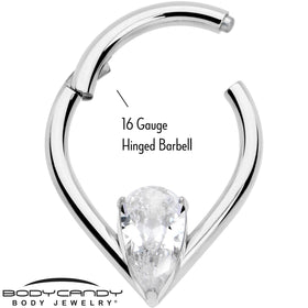 16G CZ Stainless Steel Hinged Segment Ring with Gem Teardrop