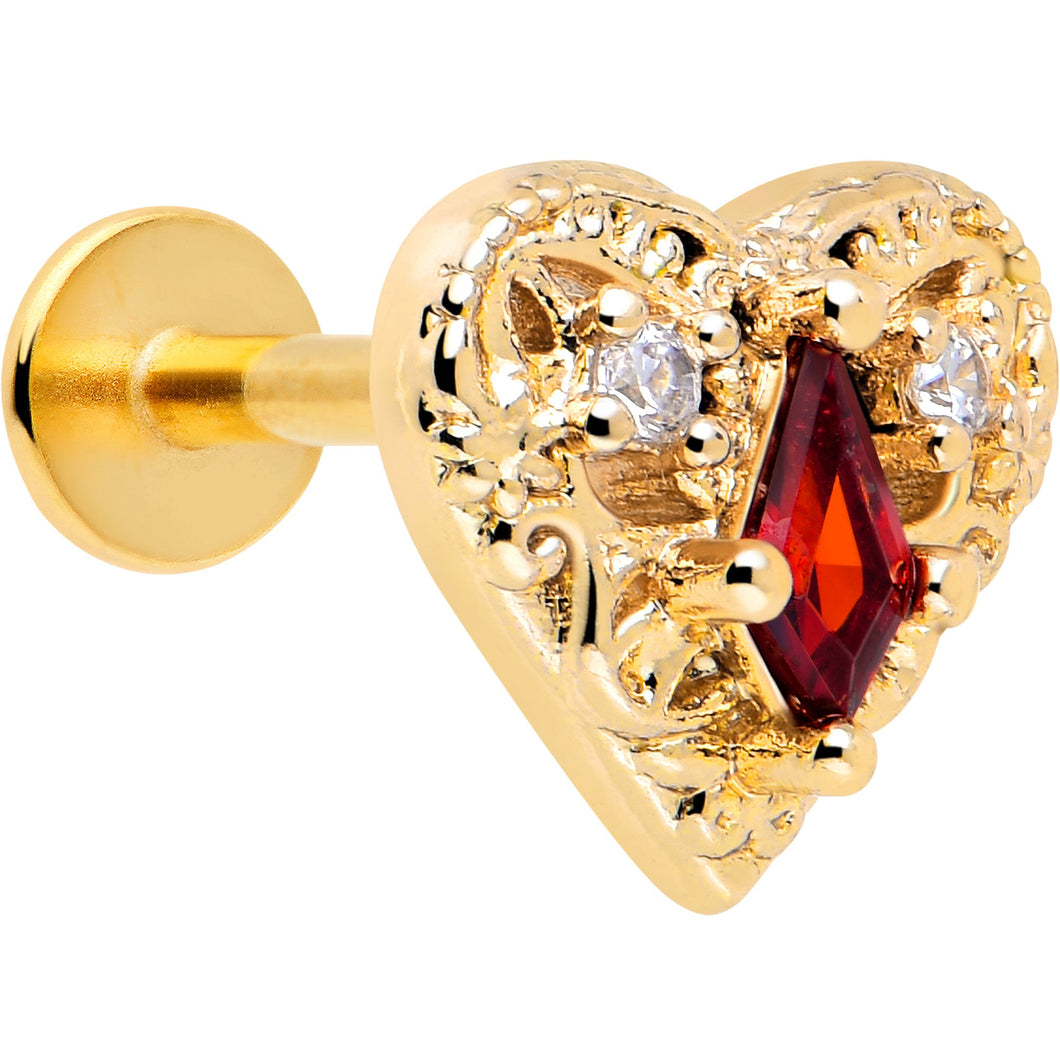 16G 1/4 Red CZ Gem Gold Tone Heart Queen Flatback Stud