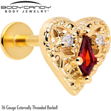 16G 1/4 Red CZ Gem Gold Tone Heart Queen Flatback Stud