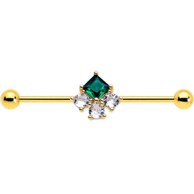 14G Green CZ Gem Gold Tone Rhombus Riot Industrial Barbell 38mm