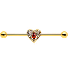 14G Red CZ Gem Gold Tone Heart Queen Industrial Barbell 38mm