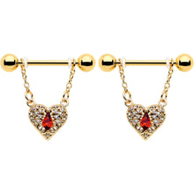 14G 9/16 Red CZ Gem Gold Tone Heart Queen Dangle Nipple Ring Set
