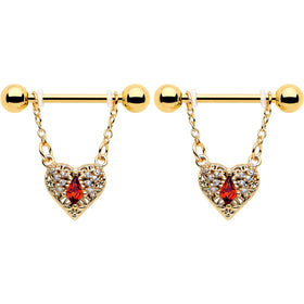14G 9/16 Red CZ Gem Gold Tone Heart Queen Dangle Nipple Ring Set
