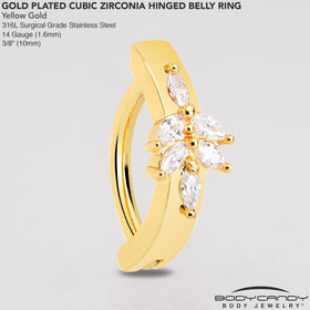 Clear CZ Gem Gold Tone Beauty Branch Hinged Hoop Belly Ring