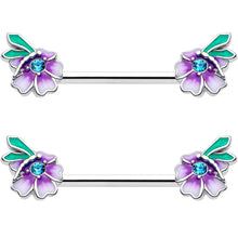 14G 9/16 Blue Gem Faerie Flower Purple Barbell Nipple Ring Set