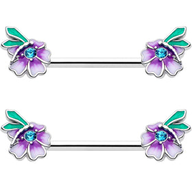 14G 9/16 Blue Gem Faerie Flower Purple Barbell Nipple Ring Set