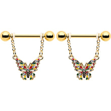 14G 9/16 Clear Gem Gold Tone Color Block Butterfly Dangle Nipple Ring Set